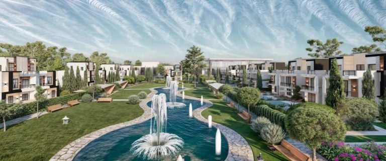 كمبوند 131 في الشيخ زايد الجديدة من زايا — تصور معماري لفيلات حديثة بقنوات مائية ومسطحات خضراء بين الوحدات