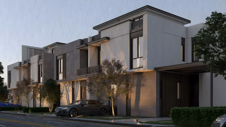 كمبوند Lake West 2 في غرب القاهرة — صف تاون هاوس بتصميم عصري بواجهات فاتحة وشوارع ممهدة