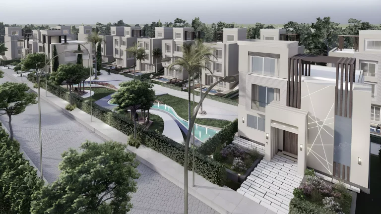 كمبوند Montania Gardens في غرب القاهرة — شارع سكني بفيلات متنوعة التصميم ومسابح خاصة ومسطحات خضراء