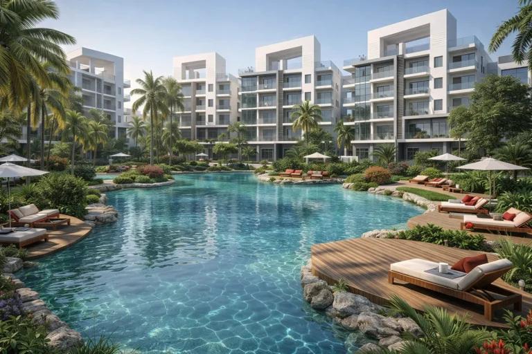 White Residence — رندر معماري للمباني السكنية والمسابح والمساحات الخضراء